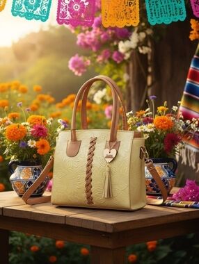 Sunflower Buttery Yellow Cross Stitch Embossed Tooled Artisan LEATHER Bag Purse